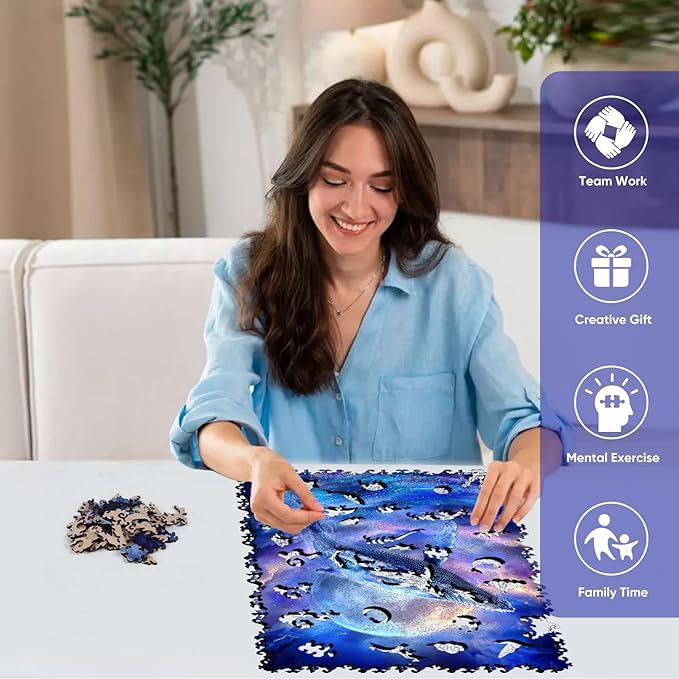 Bovearto Wooden Puzzle for Adults, Whale Wooden Jigsaw Puzzles, Animal Edgeless Puzzle Unique Shaped for Kids Family Games for Adults Large Size(13.5"*16.9")