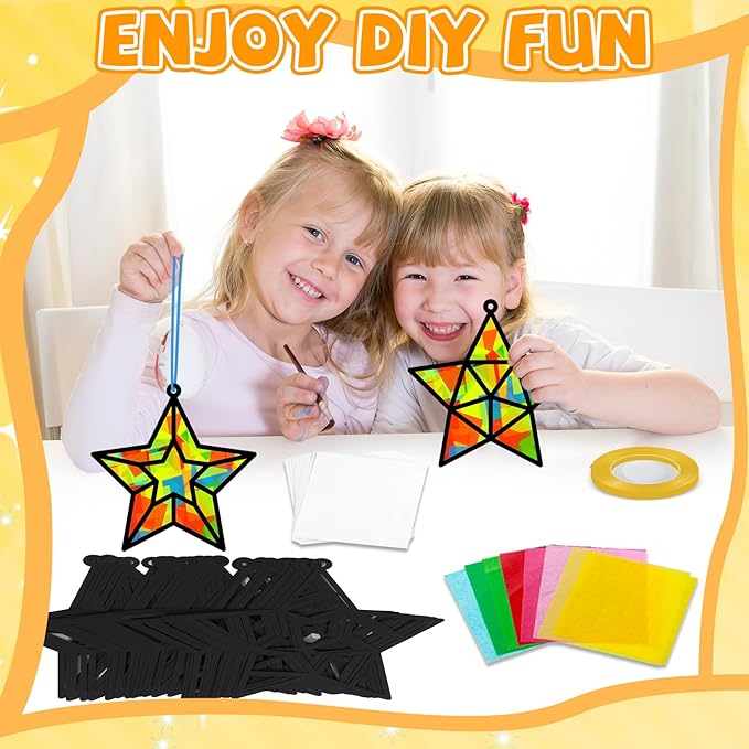 QOUBAI 32 Sets Stars Suncatchers Craft Back to School DIY Stained Glass Window Patriotic 4th of July Paper Craft Home School Classroom Decor Kid Birthday Gift Creative Art Activity Game
