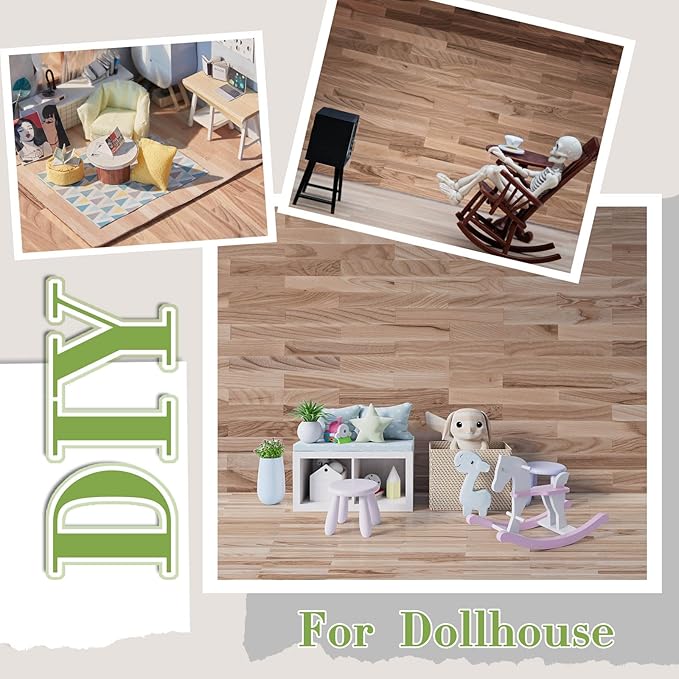 Flutesan 24 Pcs Miniature Dollhouse Wallpaper and Flooring Peel and Stick Mini DIY Self Adhesive Dollhouse Accessories 8.27 x 11.69 Inch (Natural Style)