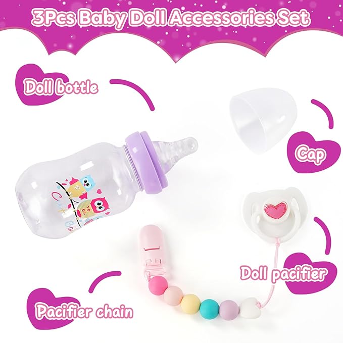 BABESIDE 3 Pcs Baby Doll Bottles Set, Baby Doll Accessories Set with Toy Feeding Bottle and Pacifier Clip Magnetic Pacifier for Realistic Babydolls