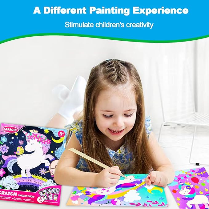 JUNQIU Scratch Art for Kids, Unicorns Black Rainbow Scratch Art Paper Set-Arts and Crafts & Supplies, DIY Activity & Party Games, Gifts for Toddlers, Girls & Boys Ages 3, 4, 5, 6, 7, 8