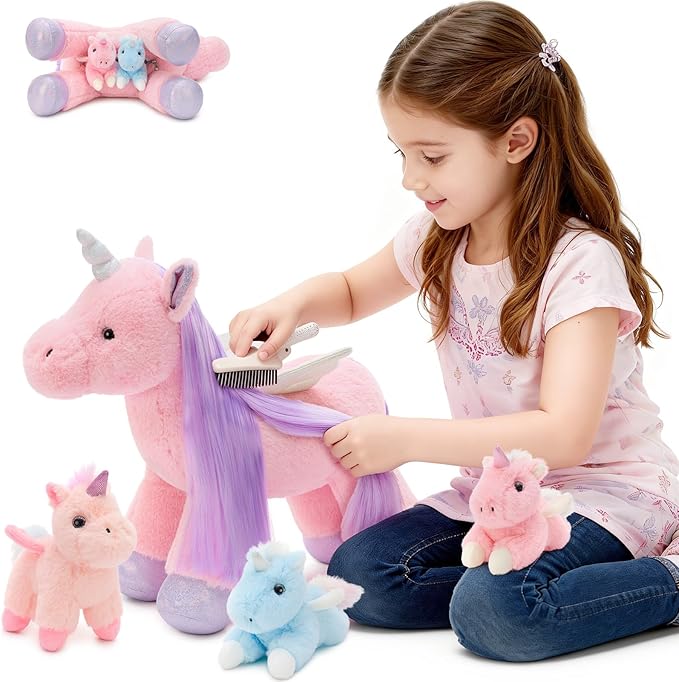 Tezituor Pink Unicorn Stuffed Animal with Hair & Wings,Unicorn Plush Toys for Girls Kids with 3 Babies Inside, Unicorns Plushie,Rainbow Unicorn Stuffy for Birthday, Easter, Valentines Day Gifts