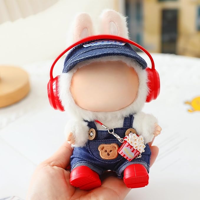Clothes for Lu bubu 17cm Dolls(No Doll) Accessories, Stylish Kawaii Overalls Outfit Headphones Set 5 Pieces Suitable for 17cm Dolls , Doll Hat Headset Boots Clothing Set Replacement