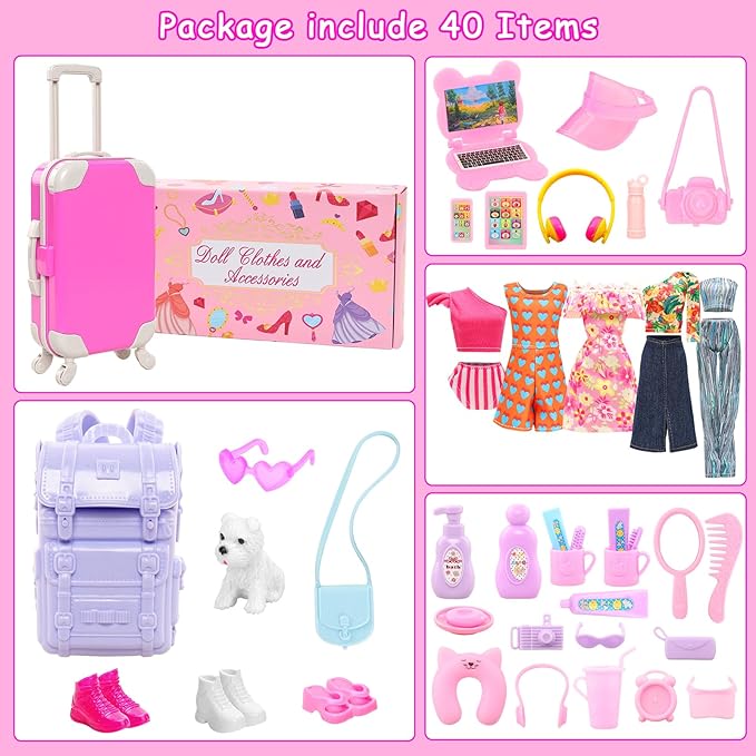40 PCS Doll Travel Accessories Playset Includes Travel Luggage Suitcase 5 Clothes 1 Backpack 3 Pairs of Shoes & 32 Accessories Headset Puppy Toiletories,etc Travel Toy Set for 11.5 Inch Girl Dolls