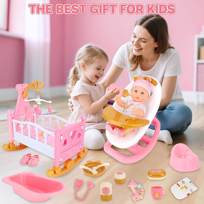 deAO Baby Doll Set Baby Doll Accessories 25Pcs Dolls Care Toy Play Set with Crib,High Chair,Milk,Bottle,Pacifier,Diaper Christmas Birthday Gift for Kids 3+ Years Old