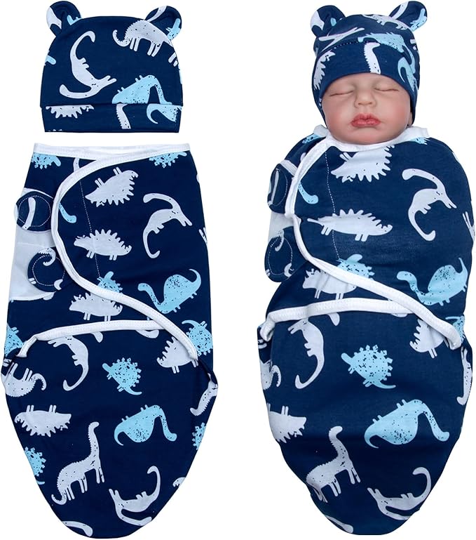 Reborn Baby Doll Clothes Outfit Accessories Swaddle Blanket & Hat 2 Pcs Set with Blue Dinosaur Patterns for 17-22 Inch Reborn Doll Newborn Boy