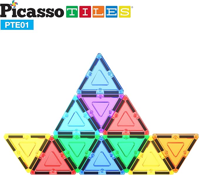 PicassoTiles Magnetic Tiles Equilateral Triangle Magnet Tile Building Set STEM Educational Construction Blocks for Kids Toddlers Boys Girls Age 3 Plus Pretend Play Learning Toy Stacking Kit PTE01