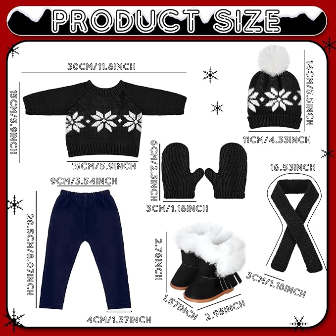 Bencailor 6 Pcs 18 Inch Christmas Doll Clothes and Accessories Winter Outfits Set Sweaters Trousers Hats Shoes Gloves for 18 Inch Doll Gifts(Black)