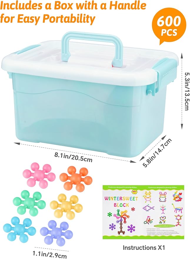 Macaron Color Interlocking Building Blocks Set – 600pcs Snowflake Shape Plastic Construction Toys in 6 Pastel Colors with Storage Box, Educational STEM Blocks for Kids Creative Play (Macaron Colors)