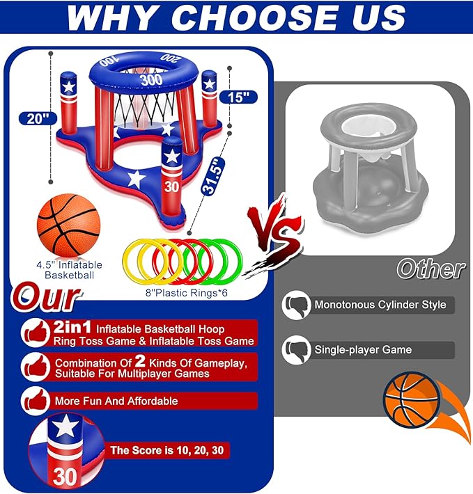 4th of July Pool Games Set, Volleyball Net & Basketball Hoop & Ring Toss, 250th Anniversary 3-in-1 Large Inflatable Water Sport Game Toys for Multi-Player Adults American Flag Swimming Summer Party