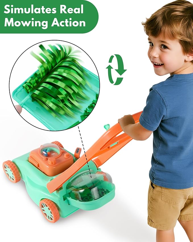 Kids Lawn Mower with Realistic Grass-Cutting Action and Sounds–No Batteries Required | Kids Lawn Mower，Fun Outdoor Push Toy for Kids