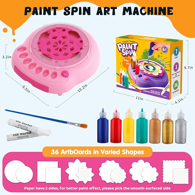 Spin Art Machine for Kids, Paint Spinner Arts and Crafts Kit with 7 Washable Paints & 36 Art Boards, Painting Art Kits for Boys Girls Ages 4 5 6 7 8 9 10 11 12, Birthday Gift Pink