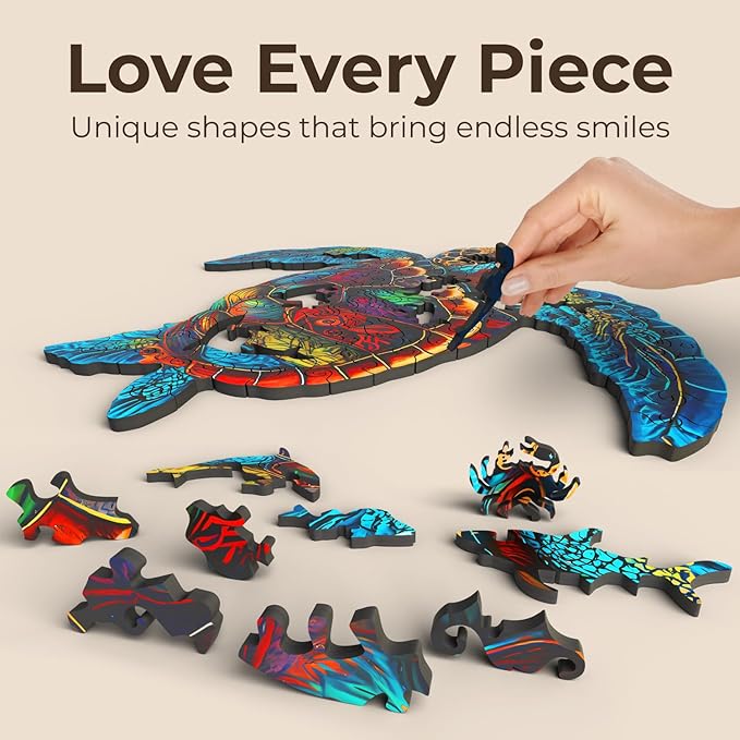 CRAFTHUB Animal Wooden Puzzles for Adults – A3 Vibrant Sea Turtle with 122 Pieces – Jigsaw Puzzles with Unique Animal Shapes – 10.7" x 10.3"