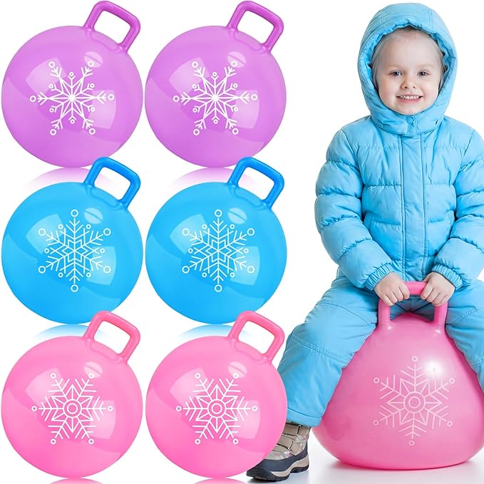 Sratte 3pcs 18 Inch Bouncy Hopper Ball with Handle Christmas Snowflake Bouncing Balls Blue Purple Pink Hopping Toys Inflatable Jumping Toy for Sport Boys Girls Gifts Winter Party Favors