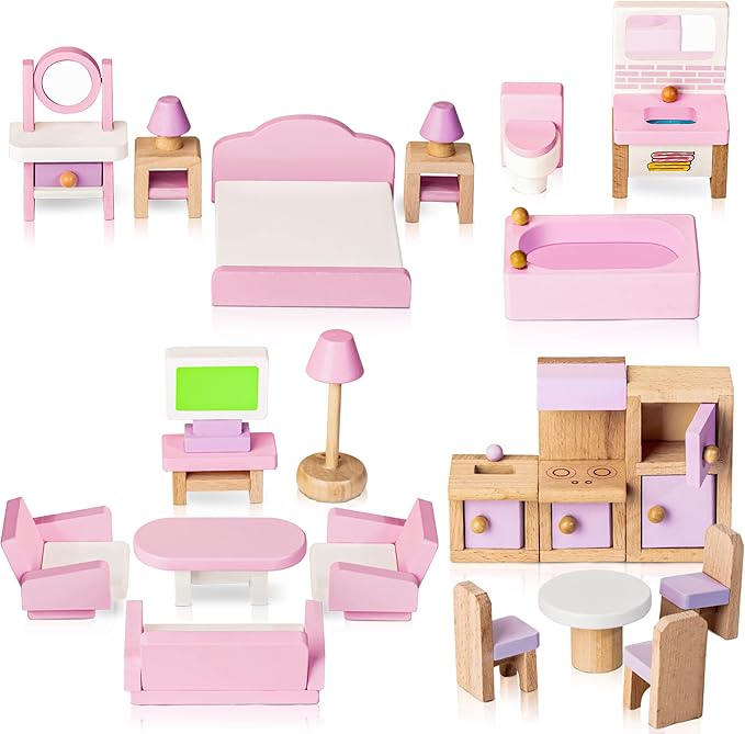 WOODMAM Wooden Dollhouse Furniture Set, 22 PCS Doll House Accessories Including 5 Room Kits, Little People House Furniture Toy Gift for Girls Boys Age 3+, Miniature Dollhouse Furnishing