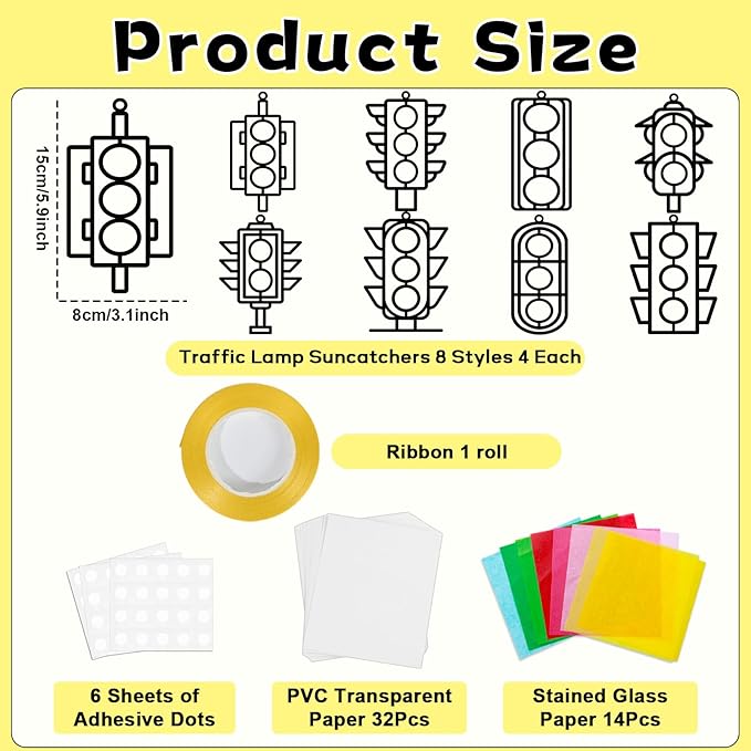 QOUBAI 32 Sets Traffic Light Suncatchers Craft Kit DIY Window Stained Glass Effect Traffic Lamp Paper Crafts Home School Classroom Decoration Kid Birthday Gift Creative Art Project Activity Game