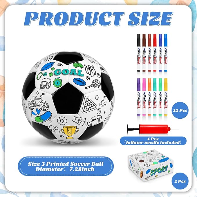 Size 3 Color Your Own Soccer Ball Black DIY Custom Craft Kit with Pump 12 Markers Personalized Youth Toddler Training Paint Your Own Toy Creative Gift for Kids (Black Soccer Ball, 3)
