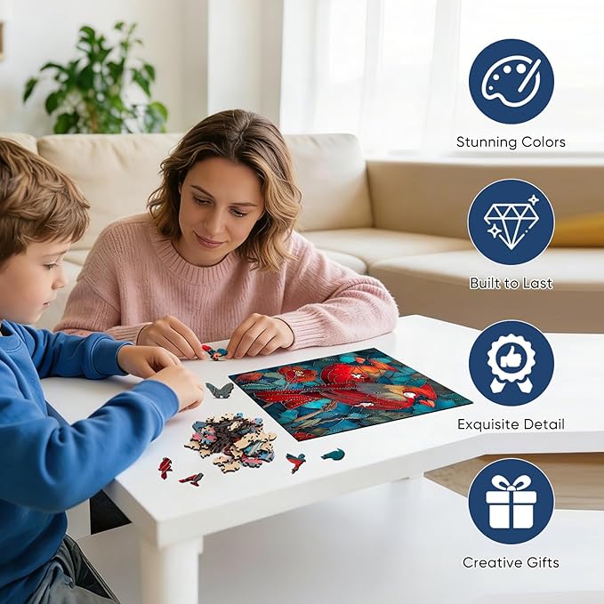 Wooden Puzzles for Adults - Cardinals Stained Glass Unique Shaped Pieces, 500 Pieces Flower Cardinal Bird Art Puzzle, Beautiful Home Wall Decor & Gift for Bird Lovers, Family Game, 11.8 * 15.7in