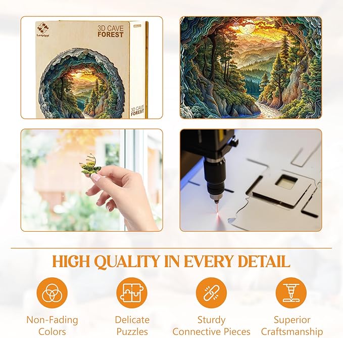 Wooden Puzzles for Adults, 3D Vision Effect-3D Cave Forest Wood Puzzles Adult, Unique Shaped Wooden Jigsaw Puzzle, Creative Gifts for Friends/Family/Puzzle Lovers, Home Decor(M-11.4 * 11.4in 200pcs)