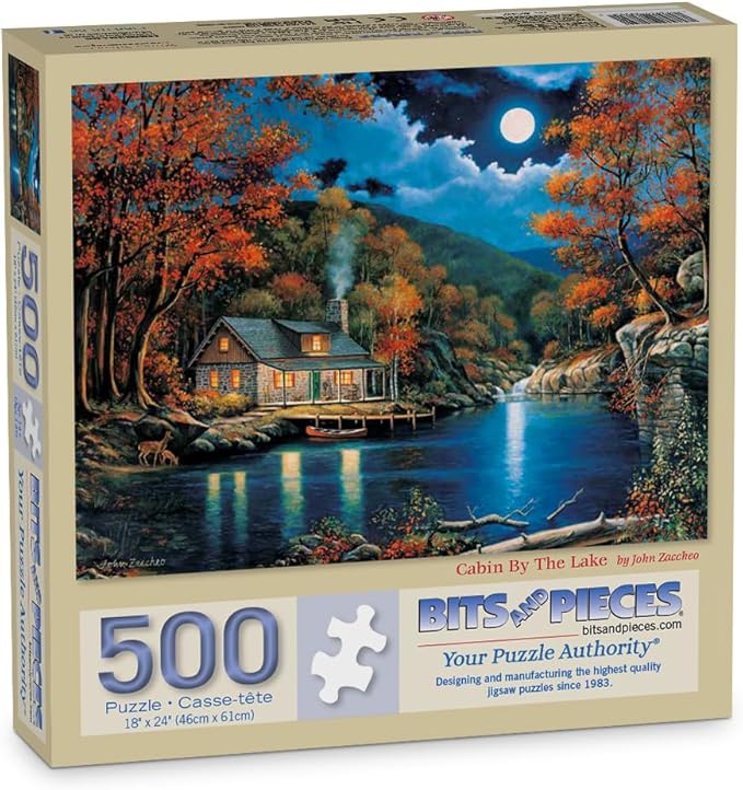 Bits and Pieces “Cabin by The Lake” Jigsaw Puzzle by John Zaccheo — 300 & 500 pc Variants — 18" x 24" — Autumn Night Cabin Scene, Recycled Chipboard, Random Die-Cut (500 Piece Puzzle)