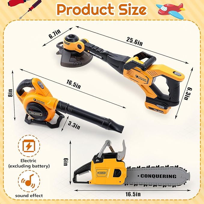 3 Pcs Toy Gardening Tool Set for Kids Toy Leaf Blower Chainsaw Weed Trimmer Play Set with Lights and Sounds Birthday Gifts for Christmas Boys Girls