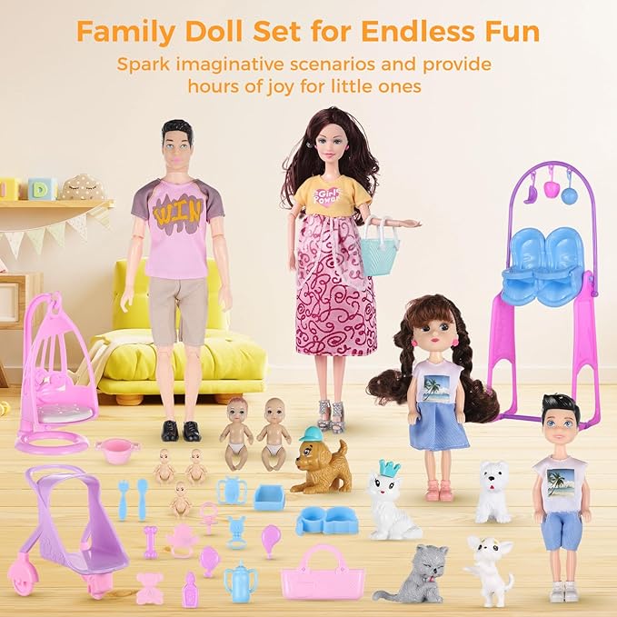 Pregnant Doll with Baby in Tummy, 34PCS Family Dolls Set of 6 People with Pets Included Dad Pregnant Mom 2 Kids Baby Boy and Infants Pregnant Doll Accessories for Aged 3-12 Girls Boys Gift