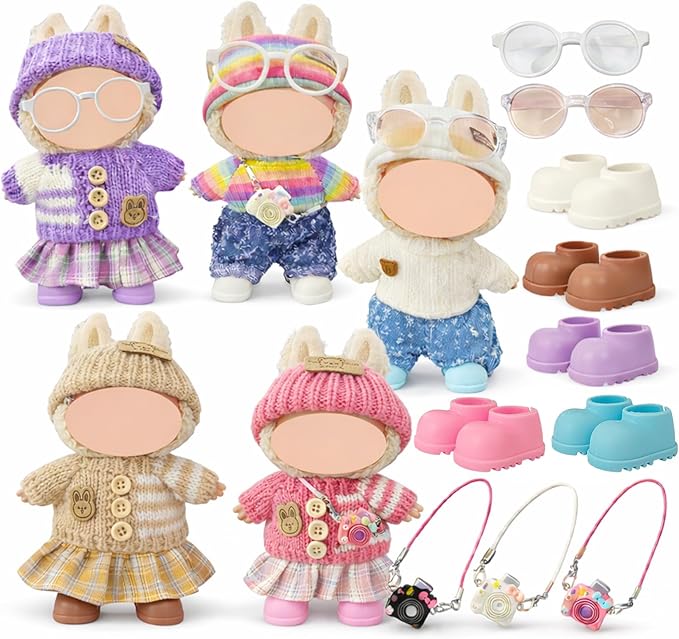 Ezcora 17cm Doll Clothes Outfit Set, 5 Cozy Knit Outfits with Hats, Skirts, Shorts and Doll Accessories, Perfect for Play and Display, Doll Accessories for Collectors (No Dolls)