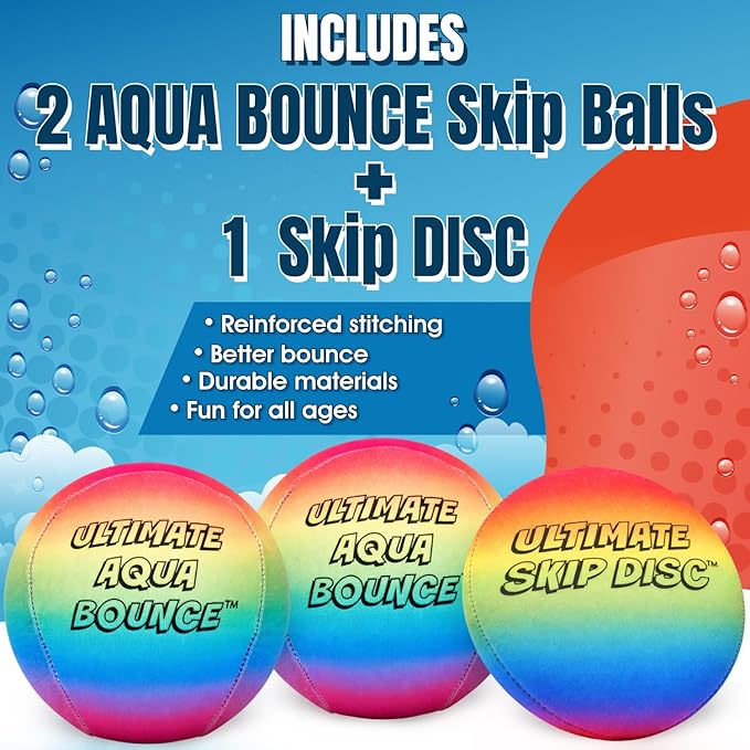 Activ Life Ultimate Skip Ball, Large 3" - 2 Water Skip Balls with 1 Skip Disc - Water Bouncing Ball Set for Beach, Pool & Lake Games - Fun Summer Toys for Kids, Teens, Adults & Families