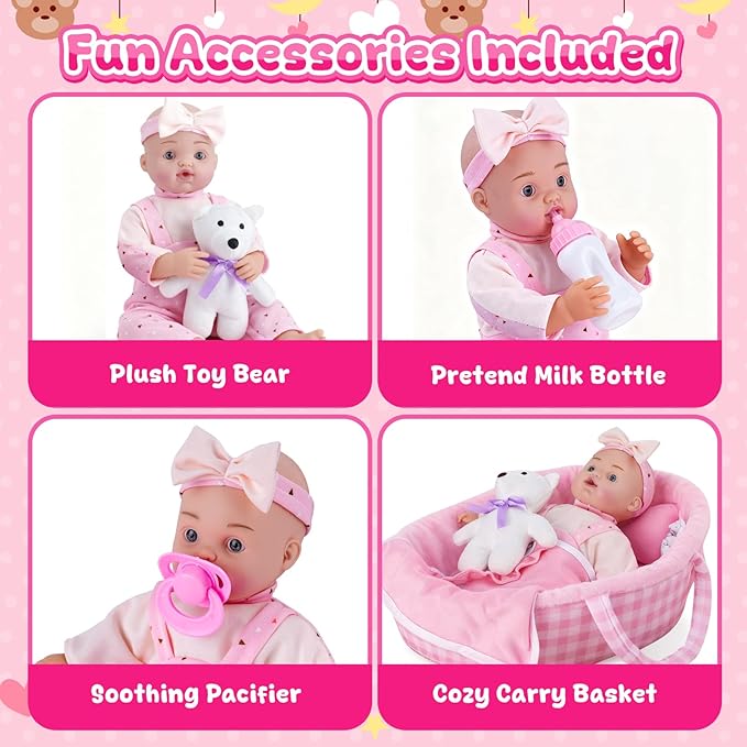 AuntyFey 12" Baby Doll Set, Baby Doll Bassinet with Accessory for Girl Toddlers 1-3 with Bottle, Teddy Bear, Pillow, Blanket