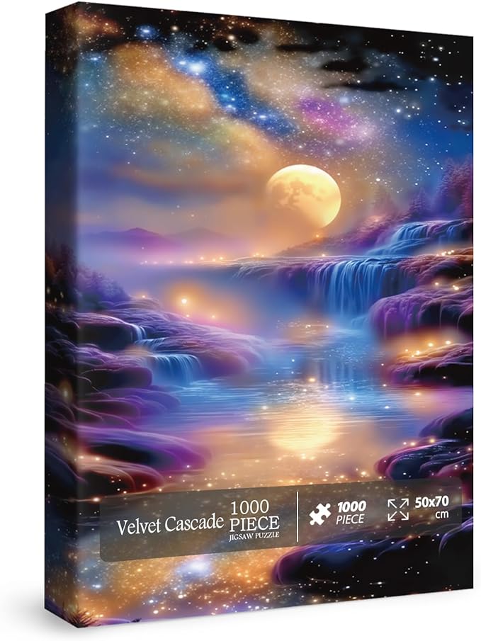 Fantasy Waterfall Landscape Puzzles for Adults 1000 Pieces, River Moon Scenic Jigsaw Puzzle Nature, Starry Night Art Challenging Puzzle as Home Decor