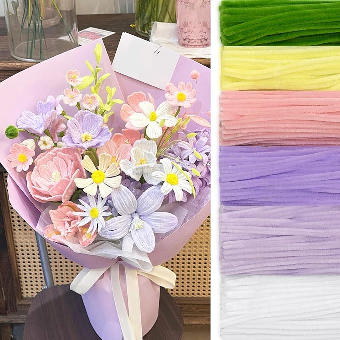 Peryiter 500 Pieces Pipe Cleaners Chenille Stems for Flowers Craft Supplies Bulk Fluffy Fuzzy Sticks for DIY Art Projects Creative Gift Wrapping Party Decorations(Pink & Purple Flower,12 Inch)