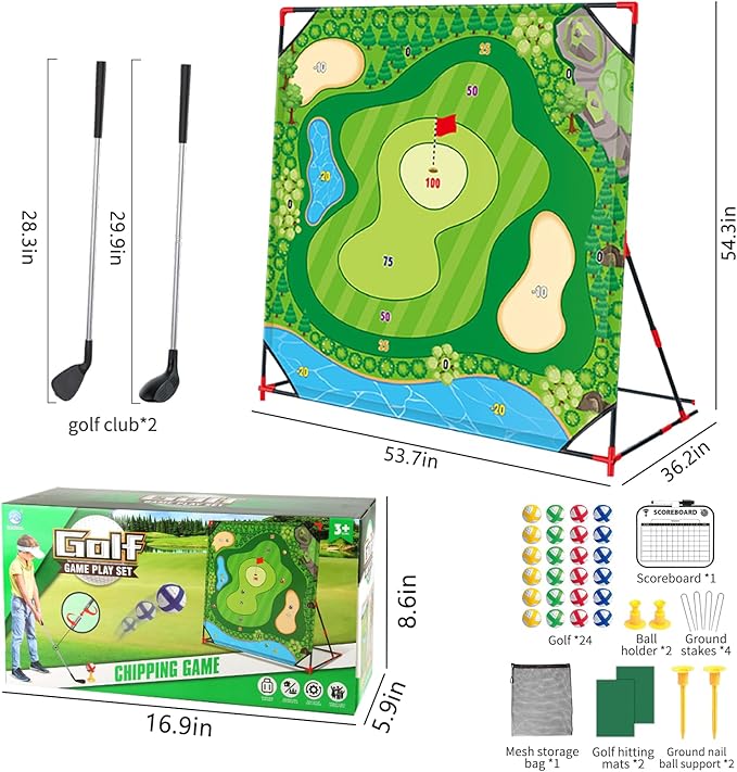 Golf Chipping Game with Stand - 54"x 54" Golf Target Backyard Game Set Includes 24 Sticky Balls, 2 Clubs, 2 Hitting Mats, Portable Golf Game for Chipping Practice for Dads Golfers
