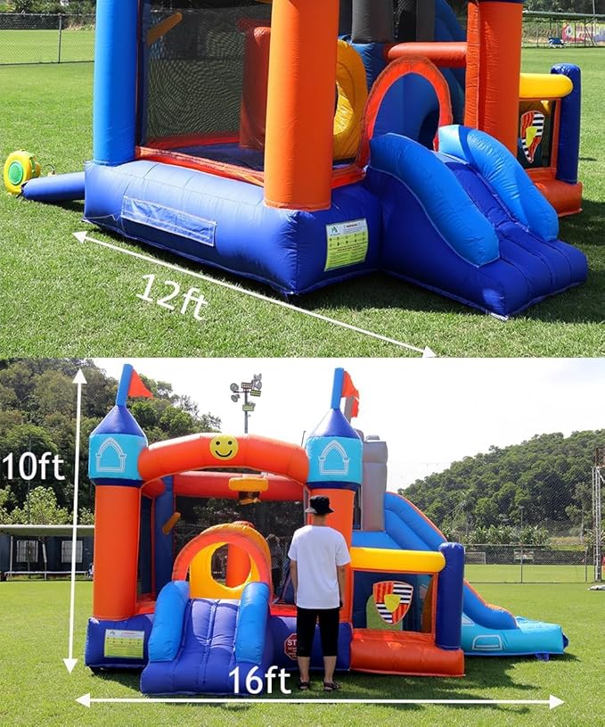 16x12FT Commercial Grade Bounce House Castle Inflatable, (Heavy Duty PVC), (1100w Blower)- 2 Slide, Ball Pit, Basketball Hoop, Obstacle-Bouncy House for Big Kid 5-12, Outdoor Party Toy Pool Backyard