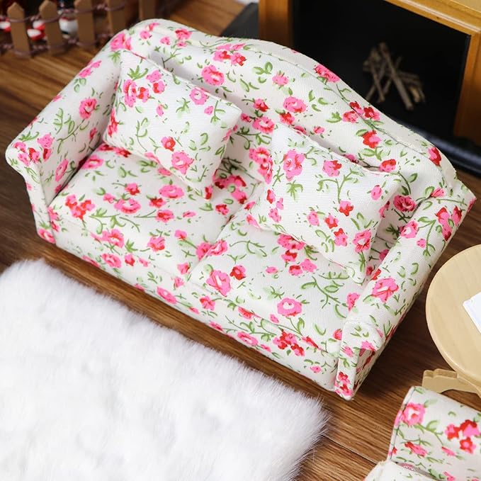 Dollhouse Couch Miniature Sofa with Pillows Dollhouse Living Room Funiture 1:12 Scale Model 3 Pcs High Simulation Upholstered Wooden Fabric Armchair Mini Room Artificial House Scene Decoration (Rose)