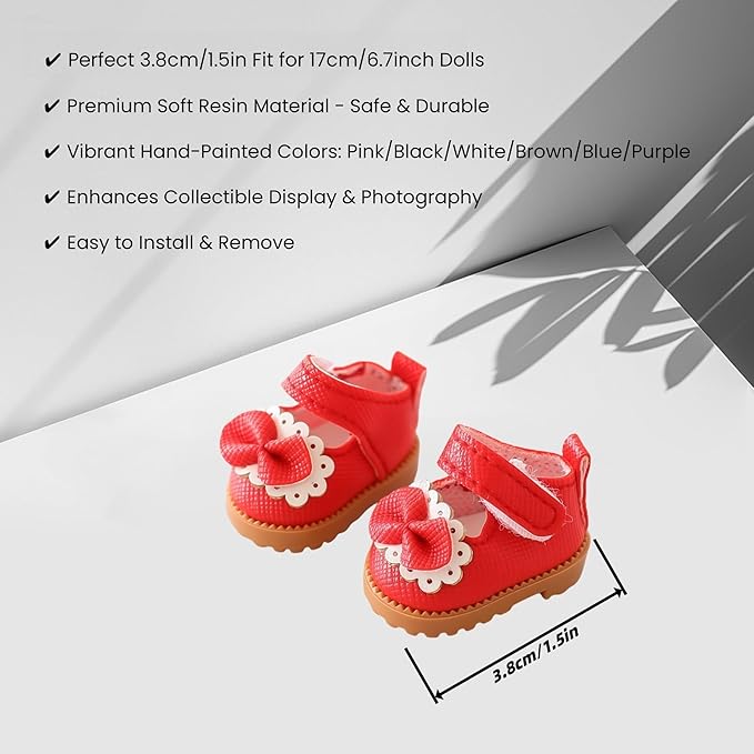 Doll Shoes for Lu bubu 17cm Dolls(No Doll) , Mini Shoes Accessories, Cute PU Leather Princess Shoes Suitable for 17cm Doll, Dress Up Doll Shoes Replacement Red