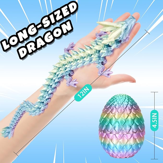 12" 3D Printed Dragon, Upgraded Fall Protection Dragon Egg & Reinforced 3D Dragons Joints, Safe Eco-Friendly Fidget Toy, Ideal for Easter Basket Stuffers, Easter Eggs (Rainbow Color)