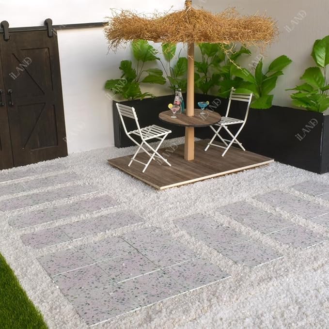 iLAND Dollhouse Flooring on 1/12 Scale 1/6 Scale, Miniature Dollhouse Accessories, 30pcs Double-Sided Dollhouse Floor Tiles (French Green Floral & Colorful Terrazzo)