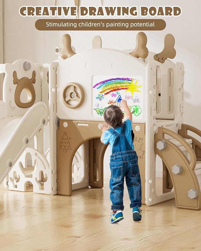 XJD Toddler Slide,12 in 1 Kids Slide for Toddlers 1-3, New Upgrade with Golf Set, Basketball Hoop, Drawing Board for Indoor Outdoor Playset,Toddler Playground (Brown)