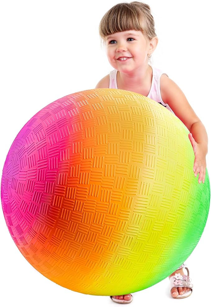 Bedwina 18 Inch Rainbow Playground Ball for Kids (Pack of 1 or 2) Jumbo Size Rainbow Inflatable Big Bouncy Kickball for Park, Giant Balls for Indoor and Outdoor Games with Hand Pump