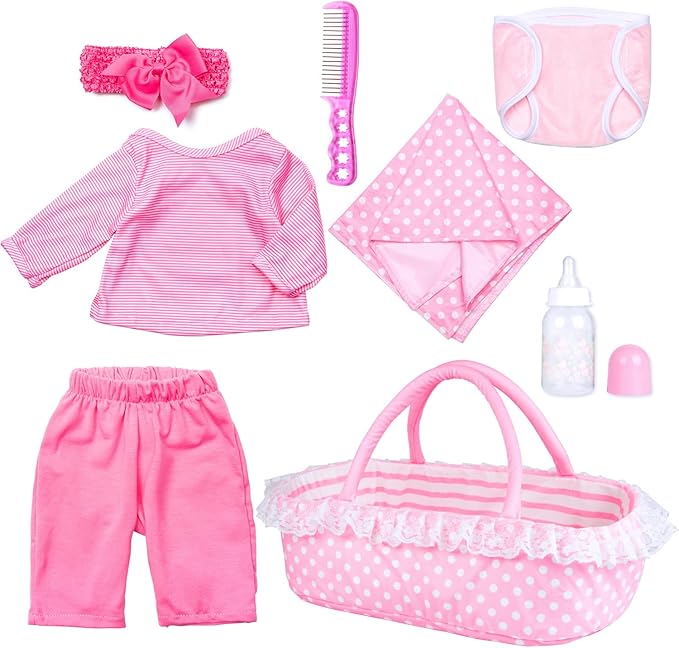 Pedolltree 8 Pcs Reborn Baby Dolls Clothes Girl Pink Striped Outfit Accessories with Pink Lace-Trimmed Bassinet for 17-20 Inch Reborn Dolls Newborn Baby Girl
