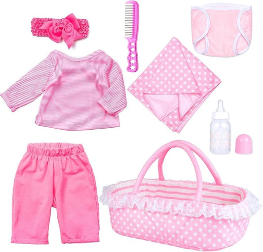 Pedolltree 8 Pcs Reborn Baby Dolls Clothes Girl Pink Striped Outfit Accessories with Pink Lace-Trimmed Bassinet for 17-20 Inch Reborn Dolls Newborn Baby Girl