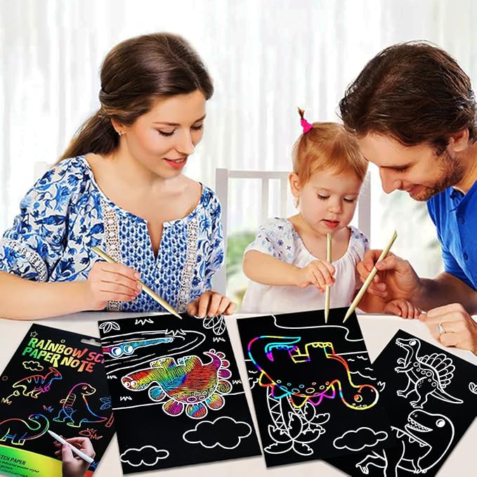 JUNQIU Scratch Art for Kids, Rainbow Scratch Paper Art Set - Dinosaurs, Arts and Crafts for Girls Boys Ages 4-8, Activity & Christmas Crafts, Stocking Stuffers for Kids