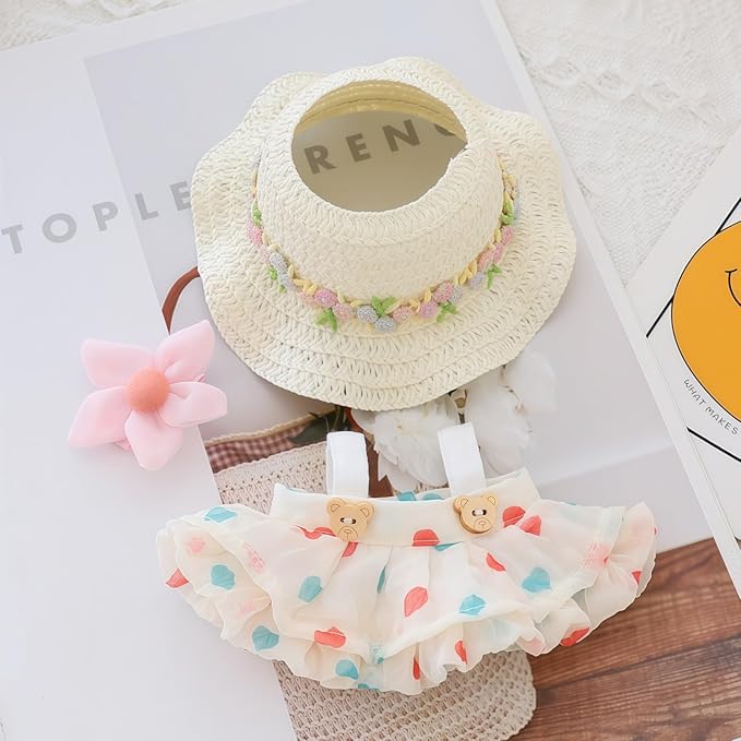 Clothes for Lu bubu 17cm Dolls Accessories (No Doll), Kawaii Hat Skirt Outfit Set 3 Pieces for 17cm Dolls Suit, Stylish Flower Doll Hat Clothing Set Replacement Beige