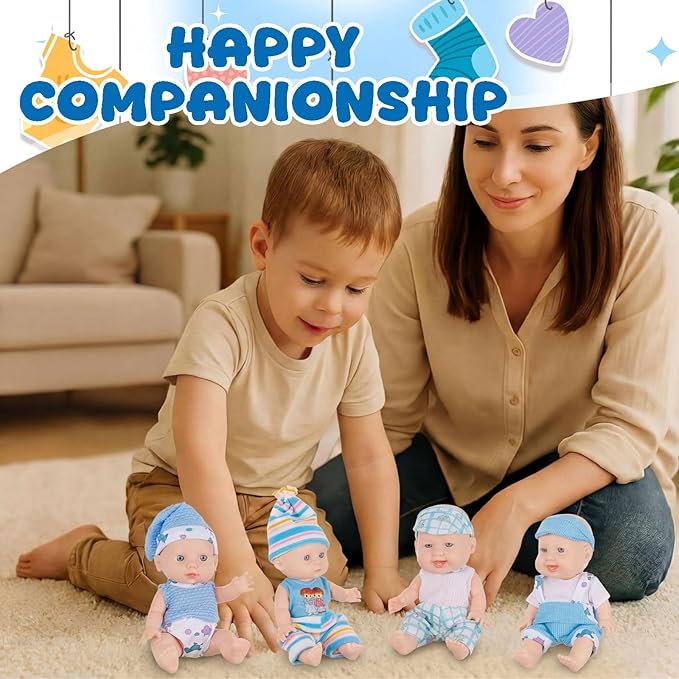 Halloscume 7 Inch Mini Baby Mini Reborn Doll Vinyl Full Body Lifelike Dolls Baby with Weighted Cloth Reborn Gift Set for Kids, Gifts for Christmas Kids(4 Pcs,Happy)
