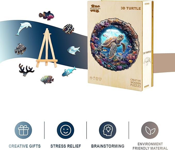 Wooden Puzzles for Adults, 3D Vision Turtle Wooden Jigsaw Puzzles with Unique Shape, Adult Jigsaw Puzzle, Birthday Gifts for Adults, 11.4"x11.4"-200pcs