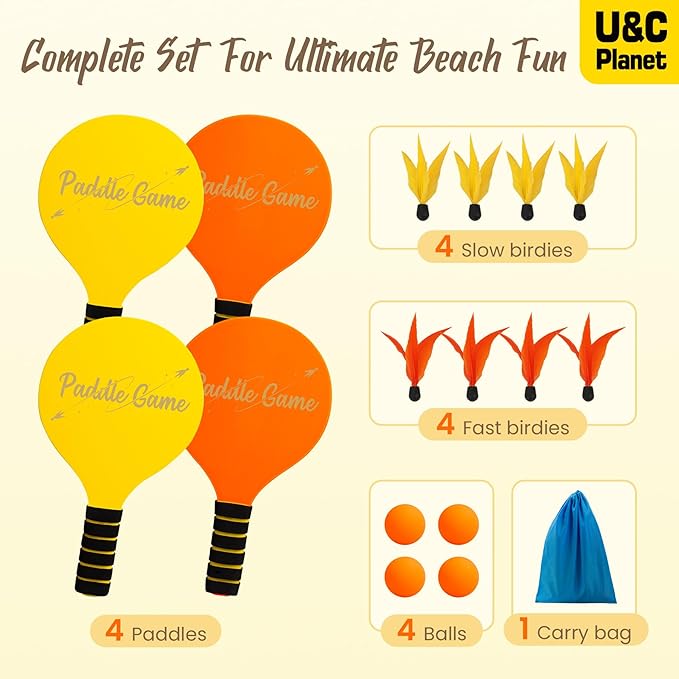 U&C Planet Beach Paddle Ball Set, Badminton Rackets, Family Game for Kids and Adults, Indoor Outdoor Game Backyard Park Camping Yard for Boys Girls Ages 3+, Beach Necessities Must Have