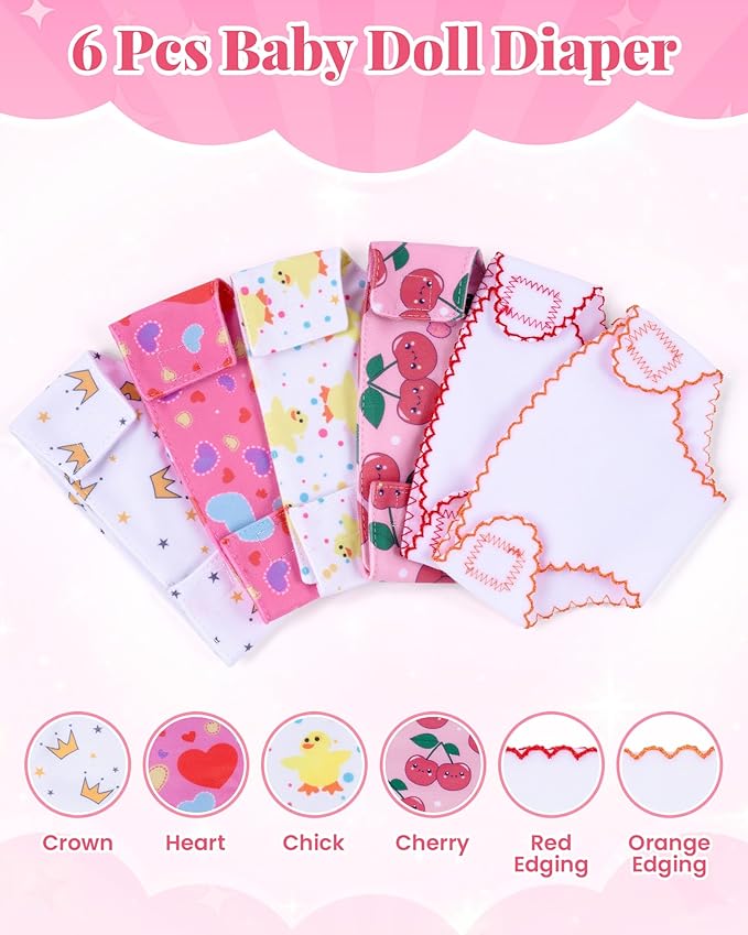 BABESIDE Baby Doll Diapers, 6 Pcs Reusable Doll Diaper Set for 12-15 Inch Dolls, Soft Baby Doll Accessories with Hook-and-Loop Closure, Cute Doll Care Pretend Play Gift for Kids 3+