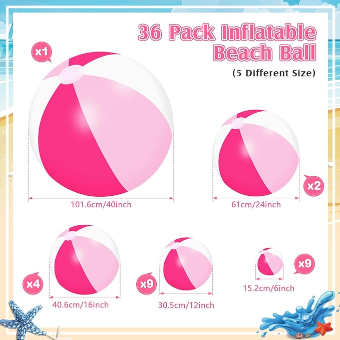 Realspring 36 Pcs Inflatable Beach Balls Bulk 6" 12" 16" 24" 40" Multiple Sizes PVC Summer Swimming Pool Ball for Adults Outdoor Beach Hawaii Water Games Party Decorations