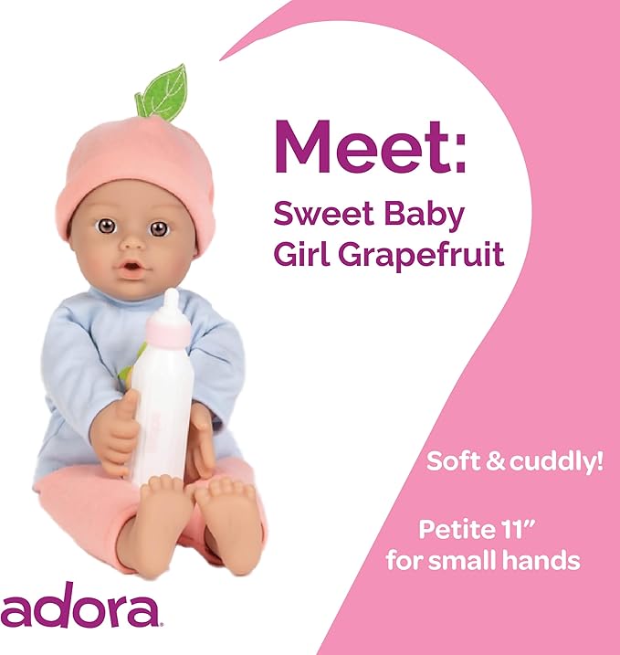 Adora Amazon Exclusive Sweet Babies Collection, 11” Soft and Cuddly Baby Doll Machine Washable, Birthday Gift For Ages 1+ - Baby Grapefruit