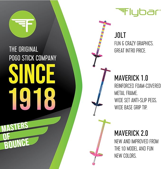 Flybar Maverick Pogo Stick for Kids Ages 5+, 40 to 80 Pounds, Perfect for Beginners, Easy Grip Handles, Anti-Slip Pegs, Outdoor Jumper Toys for Boys & Girls, Outside Toys for Kids